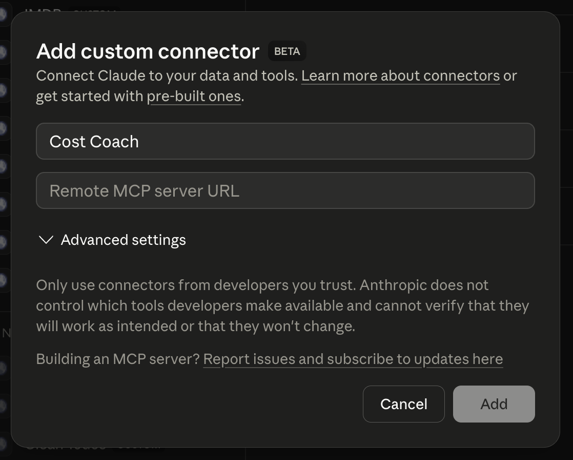 Claude Desktop Add Custom Connector dialog