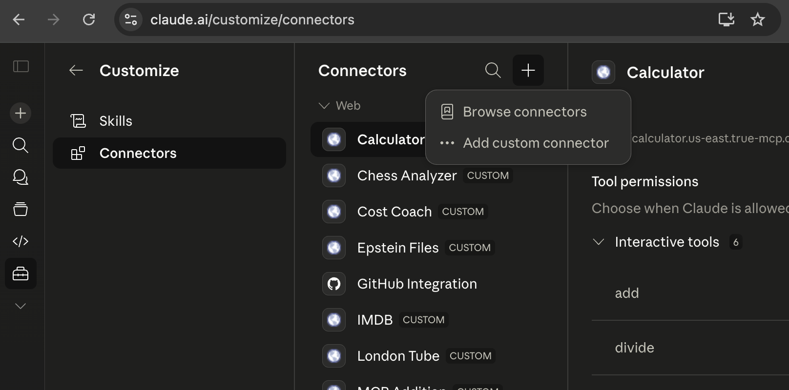 Claude Desktop Connectors page showing Add custom connector
